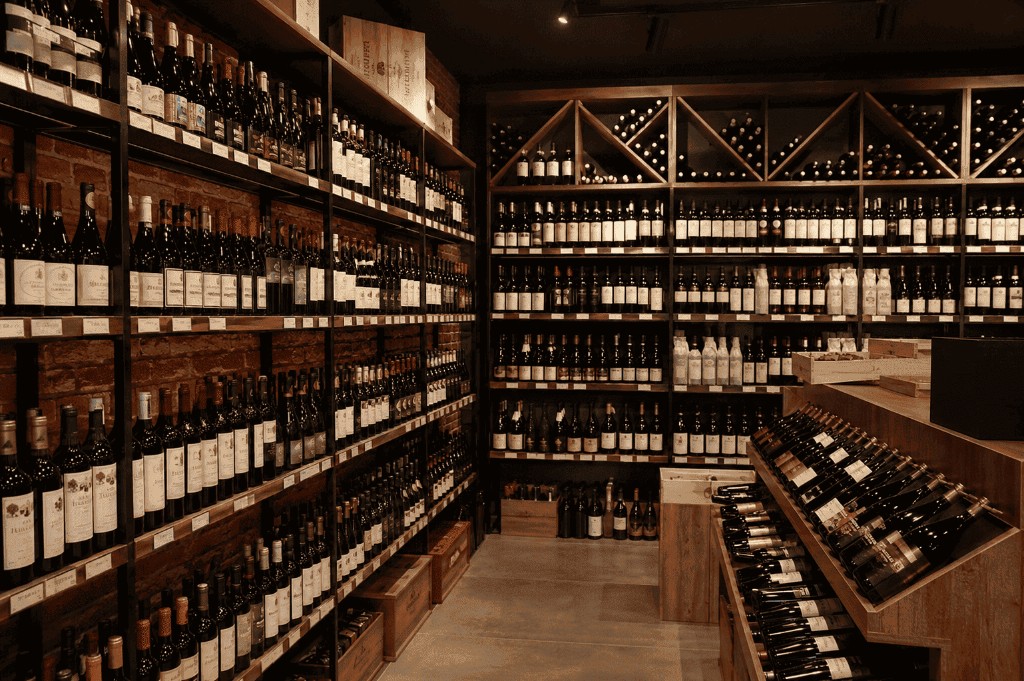 Interior da Galvao Vinhos em Salvador, com prateleiras de vinhos selecionados