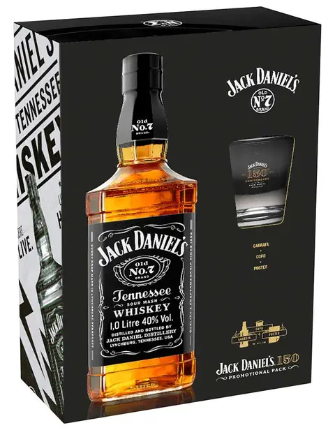Whisky Jack Daniels 1000 ml com 01 Copo e 01 Poster – Kit Comemorativo 150 Anos